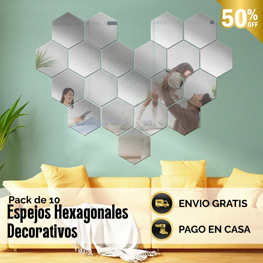 🪞Pack de 10 Espejos Hexagonales Decorativos - Decora de forma única tu hogar
