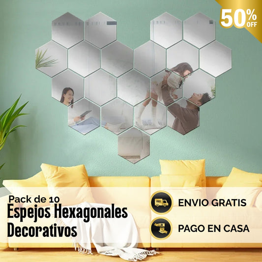 🪞Pack de 10 Espejos Hexagonales Decorativos - Decora de forma única tu hogar
