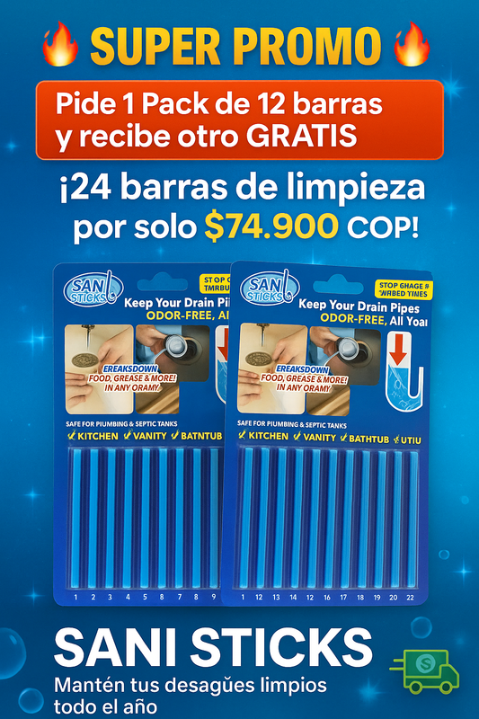 Oferta 2x1 SANI STICKS – Limpiador de Desagües, Elimina Malos Olores y Atascos (24 Barras Ecológicas)
